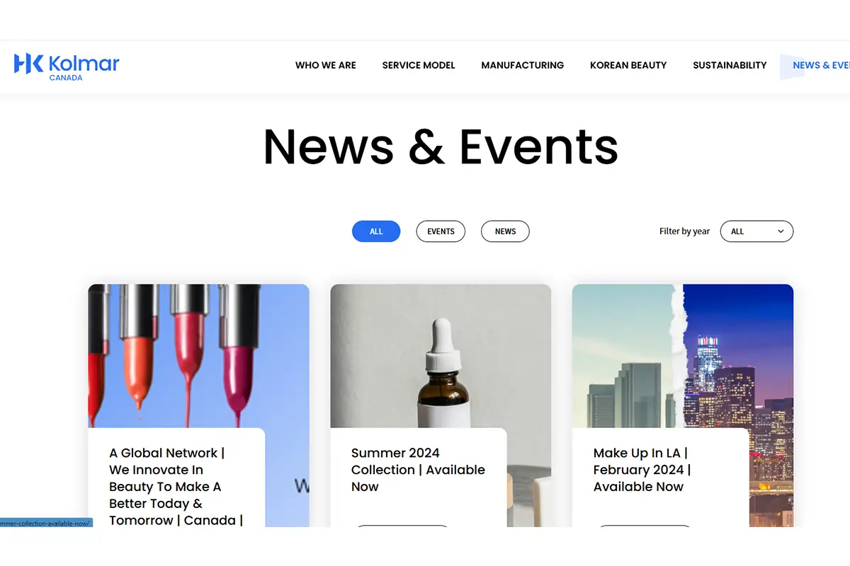 Screenshot of Kolmar Canada official website showing cosmetic development and skincare manufacturing services