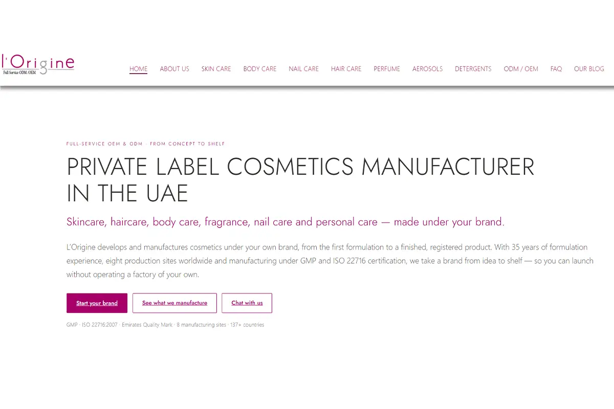 L’Origine official website showing its private label cosmetics manufacturing services in the UAE