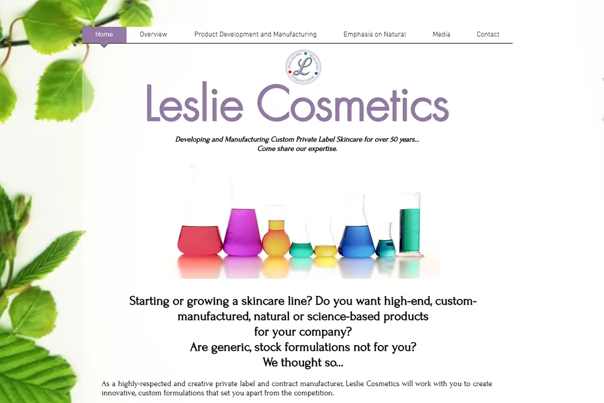 Screenshot of Leslie Cosmetics official website showing custom private label skincare formulation and manufacturing