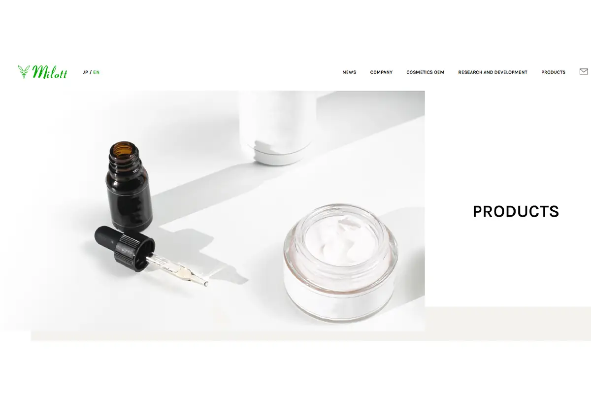 Milott Cosmetic Corporation hair care manufacturing and damaged-hair material development page in Japan