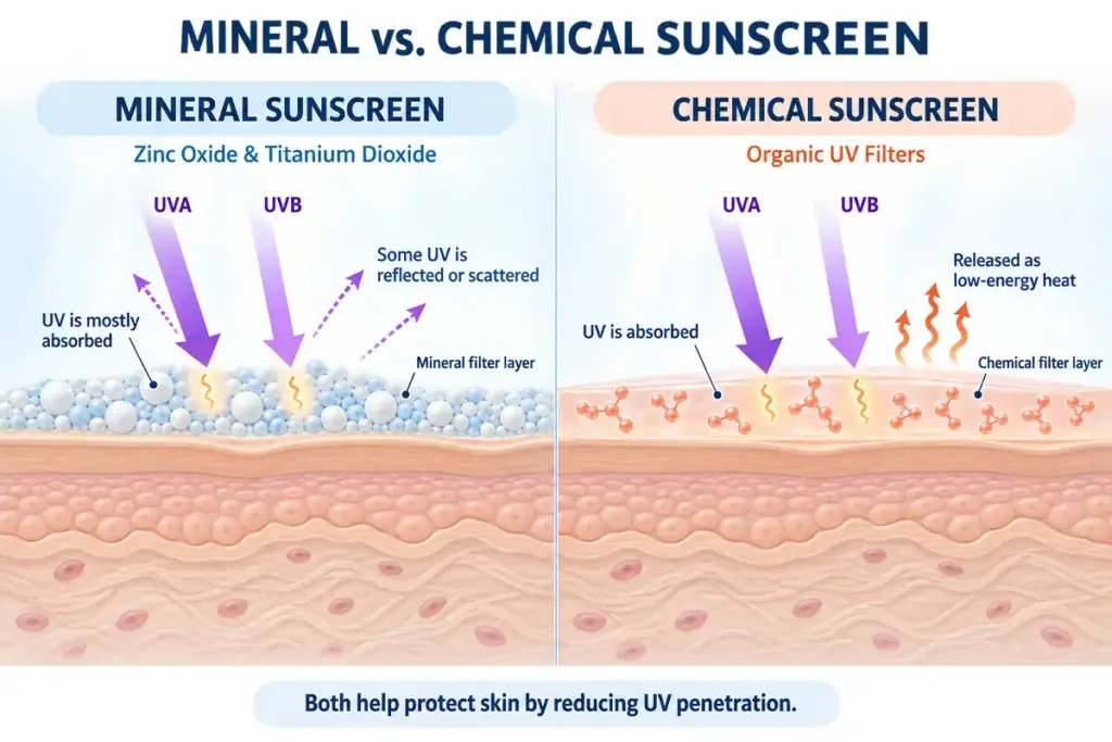 Mineral vs. chemical sunscreen comparison showing how mineral and organic UV filters reduce UV penetration