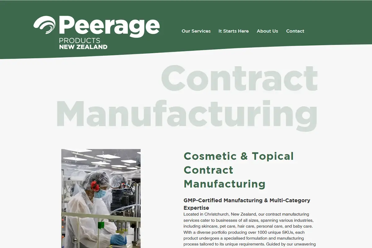 Peerage Products official website showing cosmetic and topical contract manufacturing services