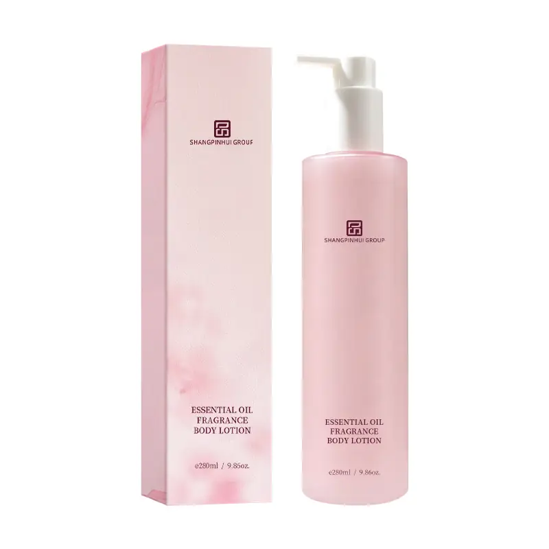 Private label essential oil fragrance body lotion with pink pump bottle and outer box