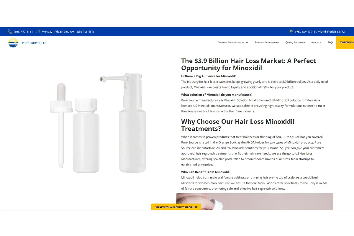 Pure Source official 2% and 5% Minoxidil contract manufacturing page