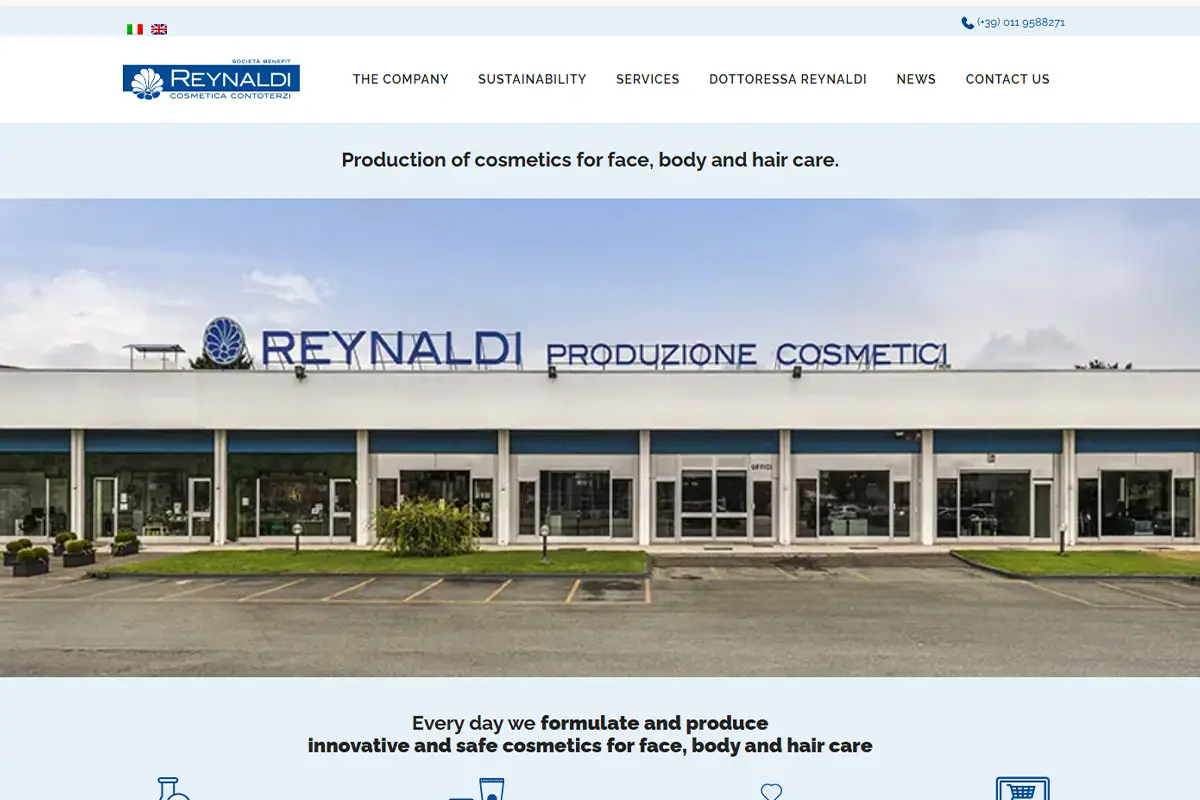 Reynaldi official website showing natural cosmetics formulation and contract manufacturing in Italy