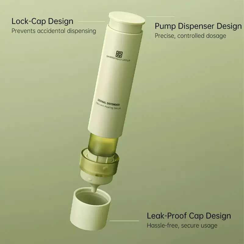 Sensitive skin repair serum pump dispenser lock cap and leak proof packaging design