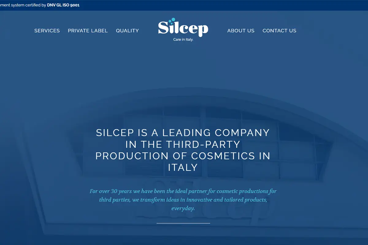Silcep official website showing full-service private label cosmetics manufacturing in Italy