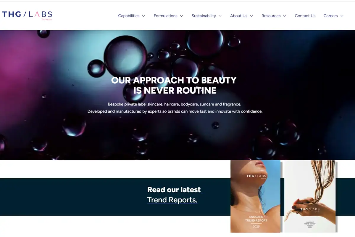 THG LABS dermocosmetic formulation development page covering barrier support, hydration, sensitive skin and product testing.