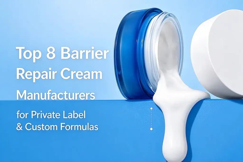 Blue barrier repair cream jars with white cream texture for a comparison guide to private label and custom skincare manufacturers.