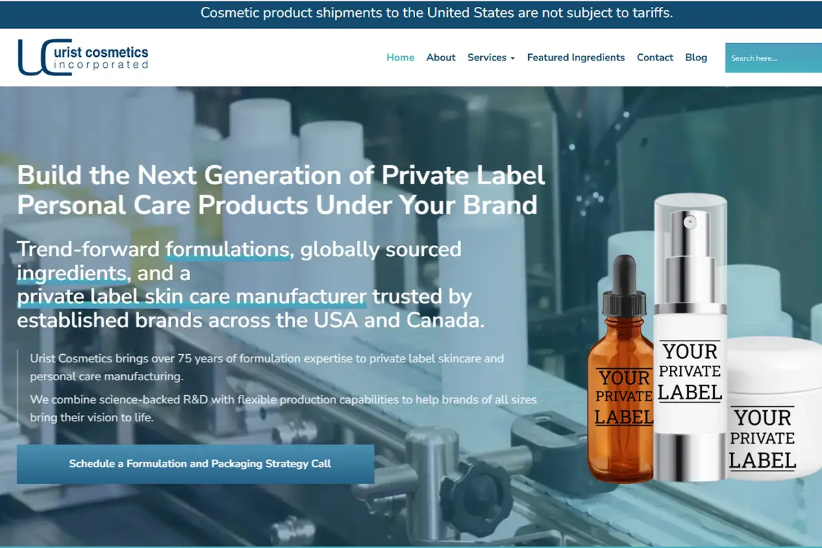 Screenshot of Urist Cosmetics official website showing private label skincare products and custom formulation services