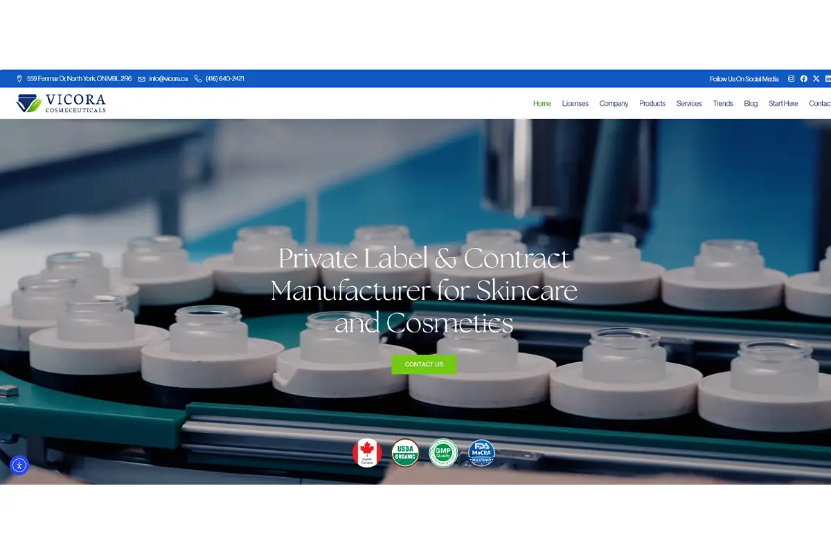 Screenshot of Vicora Cosmeceuticals official website showing private label and contract skincare manufacturing in Canada