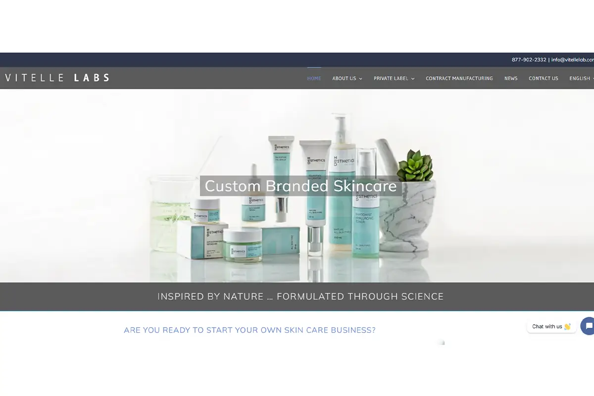 Screenshot of Vitelle Labs official website showing private label skincare and custom formulation services in Canada