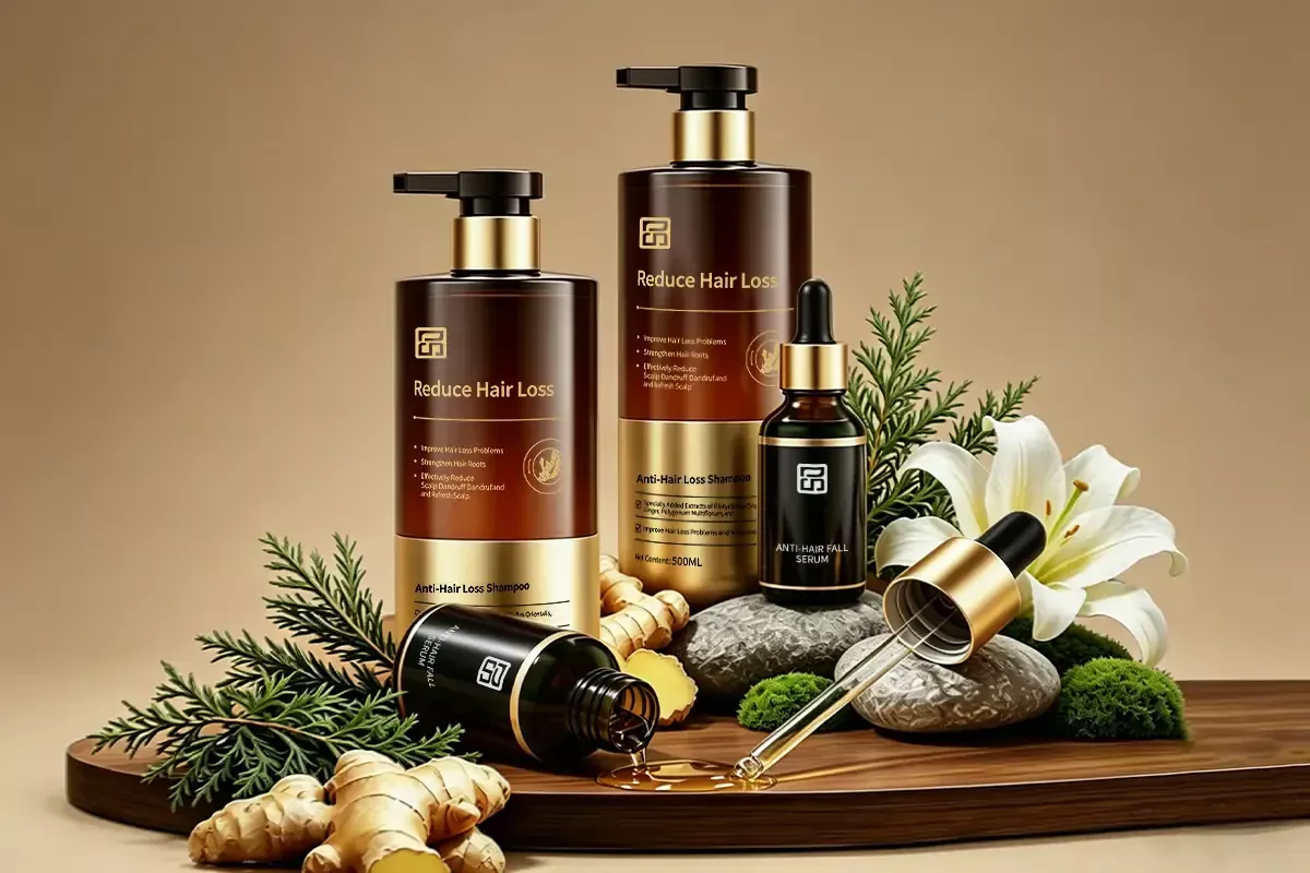 Private label hair loss care and root strengthening products with shampoo and serum formats for scalp care and fuller-looking hair support.