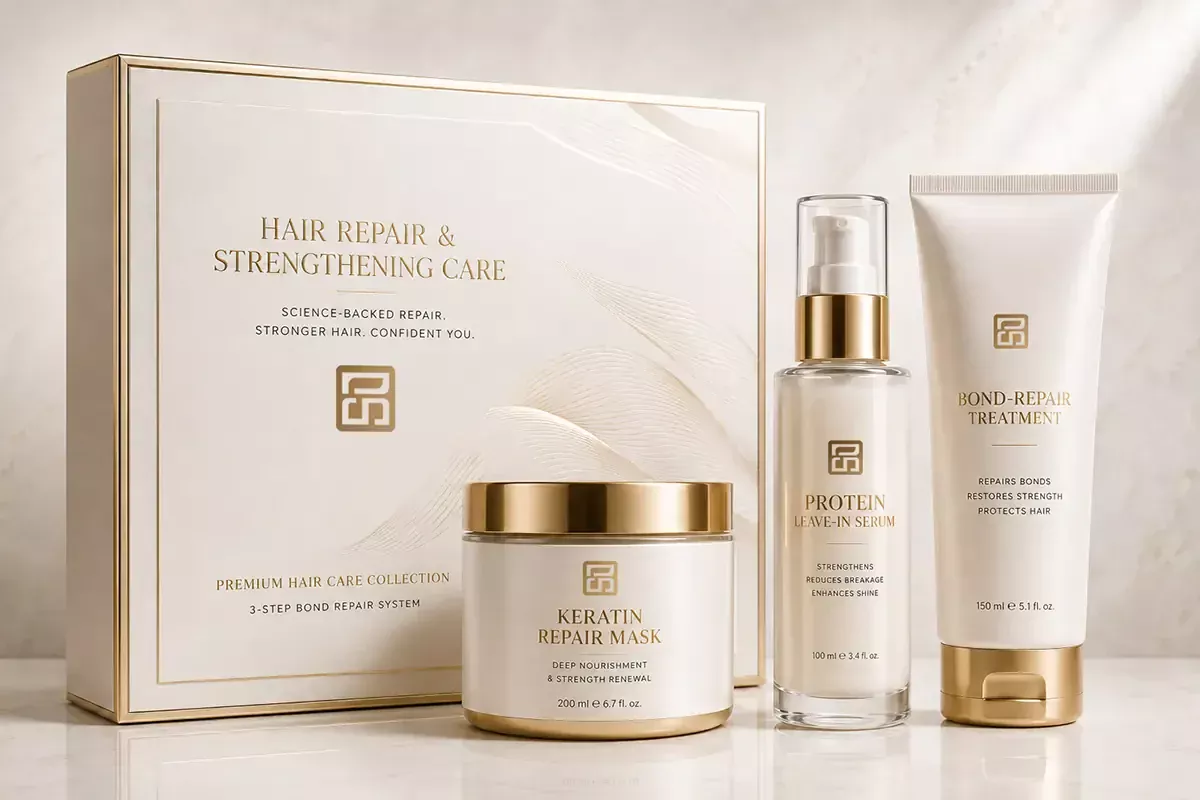 Custom hair repair and strengthening care set with keratin repair mask, protein leave-in serum, and bond repair treatment for private label hair care brands.