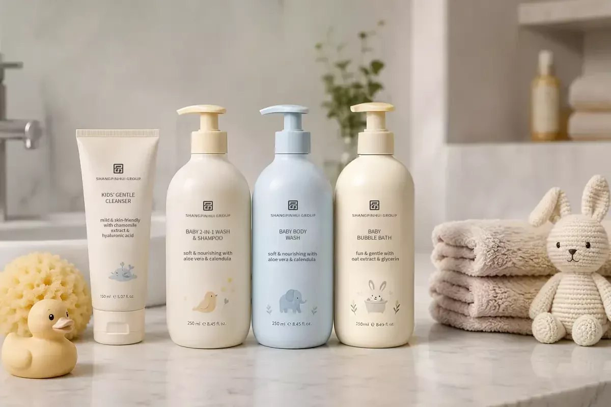 Private label baby bath and cleansing product set with baby wash, 2-in-1 wash and shampoo, body wash, bubble bath, and gentle cleanser in bathroom scene.