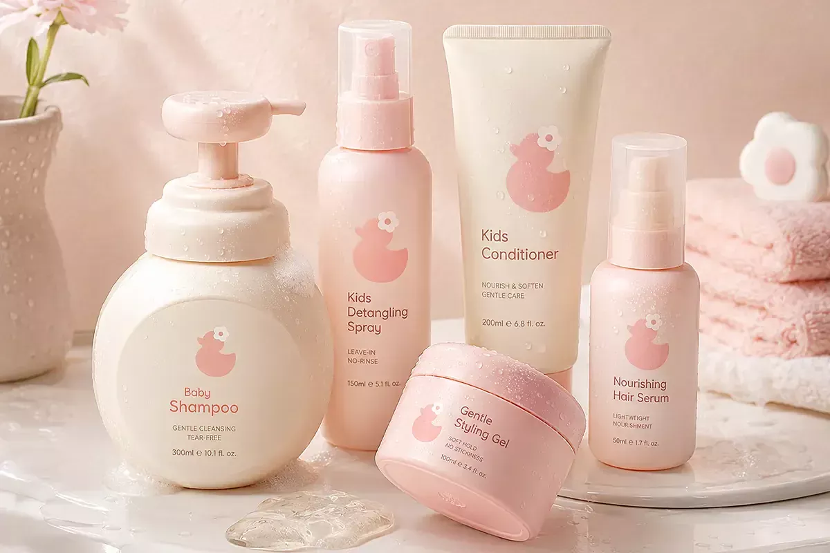 Private label baby hair and scalp care products with baby shampoo, kids conditioner, detangling spray, hair serum, and gentle styling gel.