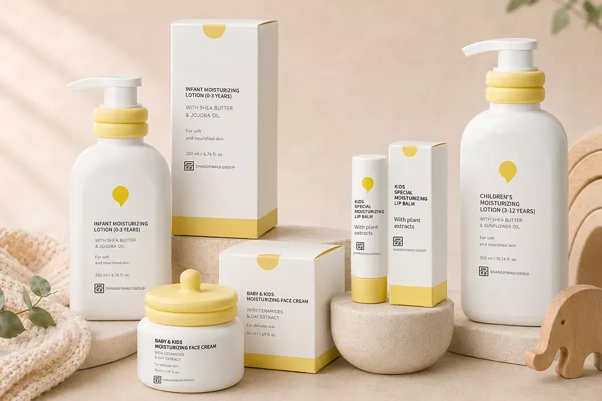 Private label baby moisturizing care product line with infant lotion, kids lotion, moisturizing face cream, lip balm, and matching packaging.
