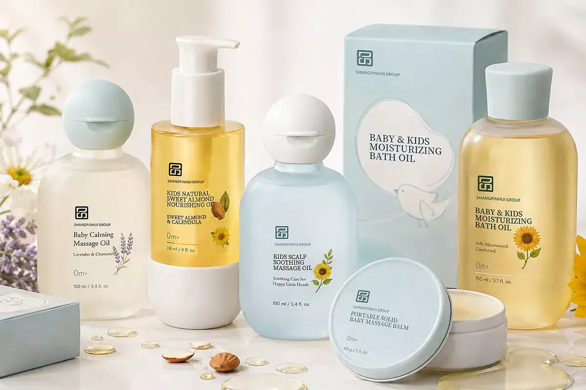 Private label baby oil and massage care collection with calming massage oil, sweet almond nourishing oil, scalp massage oil, bath oil, and solid massage balm.
