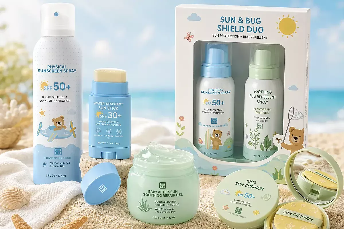 Private label baby sun and SPF care products with physical sunscreen spray, water-resistant sunscreen stick, after-sun soothing gel, sun cushion, and outdoor care set.