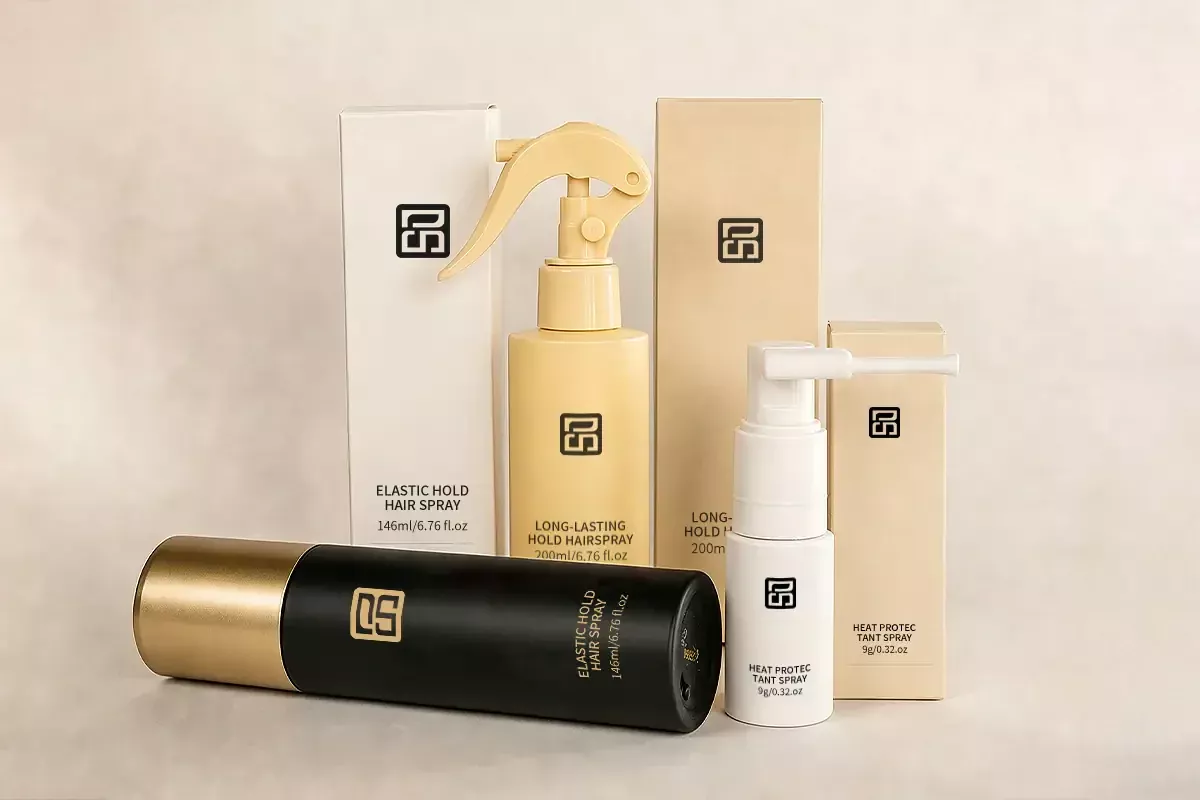 Private label leave-in and styling care products including hair spray, heat protection spray, and styling spray for custom hair care brands.