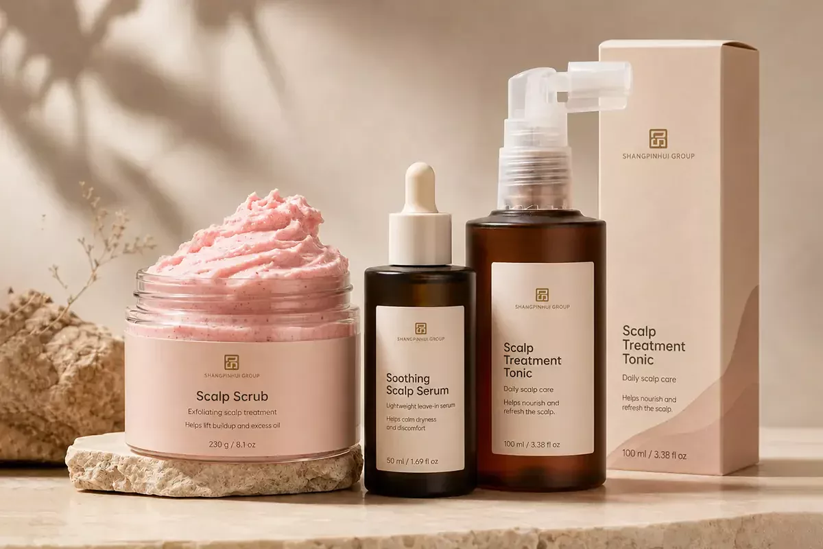 Private label scalp care treatment products including scalp scrub, soothing scalp serum, and scalp treatment tonic for custom hair care OEM projects.